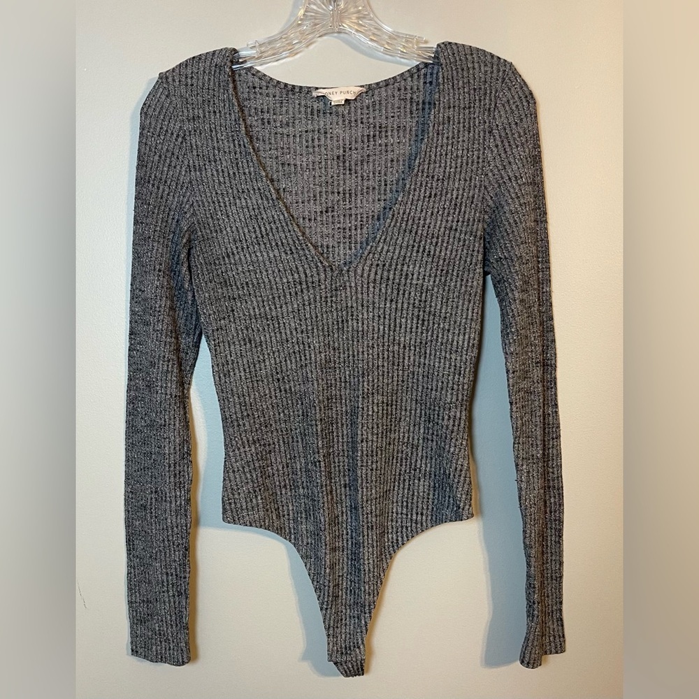 Honey Punch Charcoal Ribbed Bodysuit